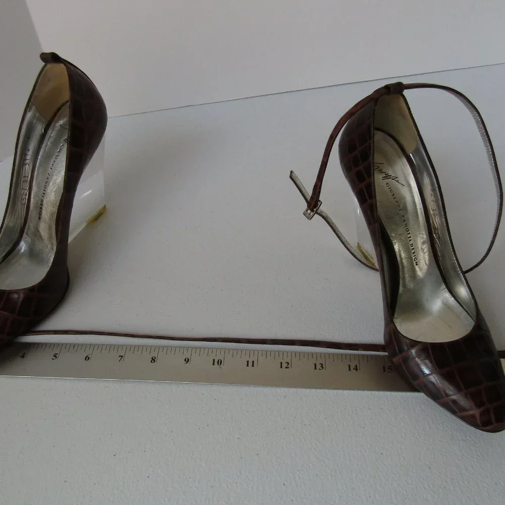 Giuseppe Zanotti Ankle Wrap Leather Lucite Wedge Heels